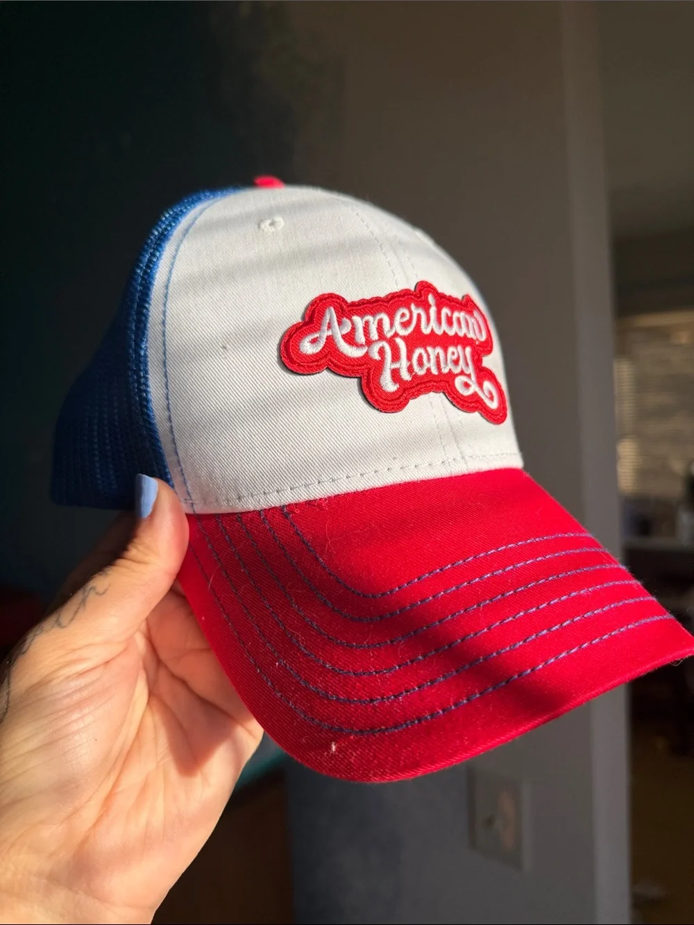 American Honey Red, White & Blue Trucker Hat with Script Patch